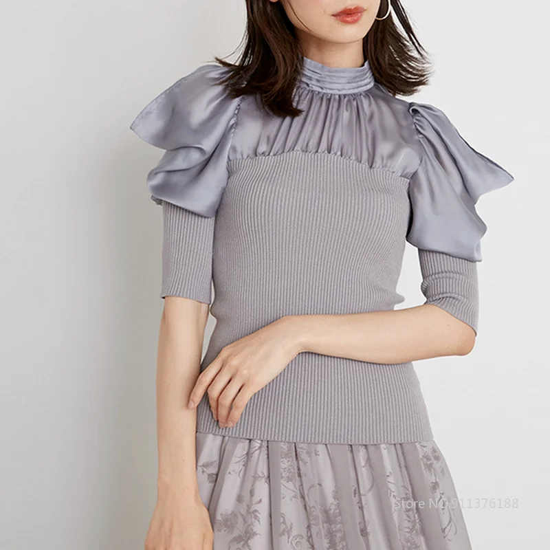 

Autumn New Women Sweaters Jumper Stand Collar Pleated Off Shoulder Puff Sleeve Blouses Patchwork Slim Knitted Pullovers