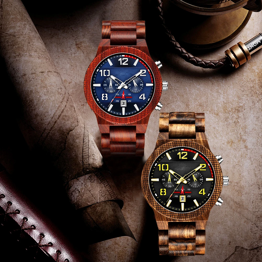 

Mens Multifunctional QUARTZ Wristwatch 2021 New Men's Wooden Watch Deco Large Dial Timepiece Calendar Sports Watch Gift for Love