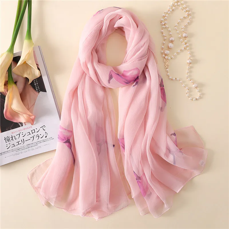 

2021 Newest Women Wrinkled Chiffon Scarf Calla Lily Print Shawls Office Lady Soft Wraps Female Elegant Echarpe 180x140cm