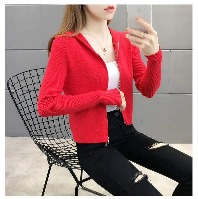 

autumn winter sweater knitted cardigan women 2020 new short sweaters hooded slim zipper small coat thin tops