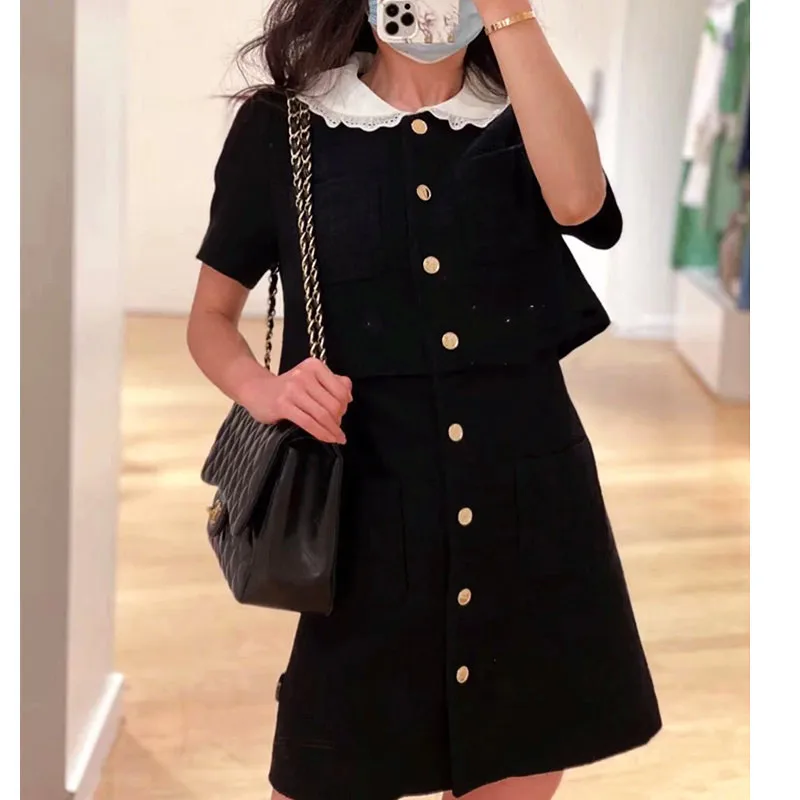 

Women Dress 2021 Early Autumn New Baby Hook Flower Big Lapel False Two Small Woolen Dress Single Breasted