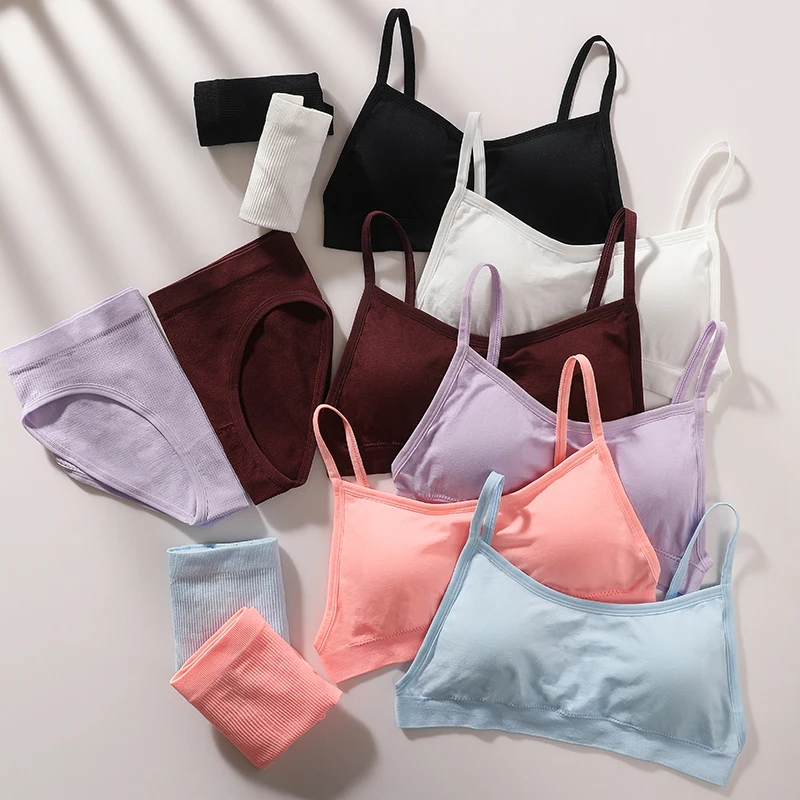

Women's Underwear Sets Sexy Bra Panties Low Rise Brief Women Solid Color Seamless Padded Bra Set Girls Sleeveless Lingerie Femme