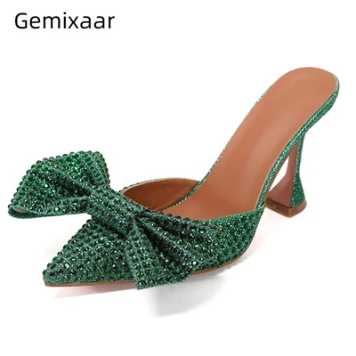 Шлепанцы женские с блестками заостренный носок Декор заклепки бант узкие