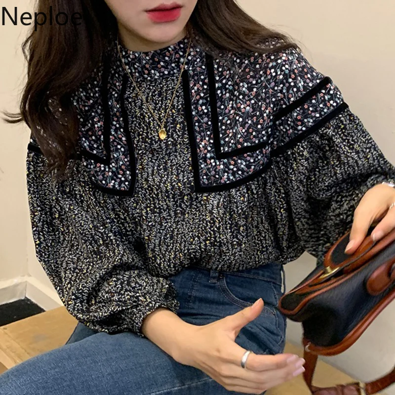 Женская блузка с длинным рукавом и воротником стойкой Neploe Пляжная контрастным