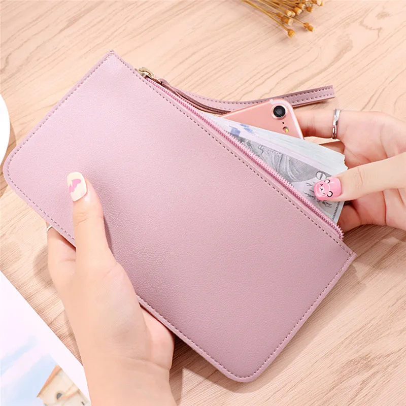 

Fashion Women Wallet Solid Color PU Leather High Quality Wallets Female Zipper Ladies Ultra Thin Mobile Phone Bags