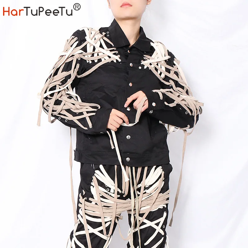 

Женская Черная куртка на весну и осень, Винтажный дизайн с перекрестными ремешками, свободный крой размера плюс, топы с длинными рукавами, п...