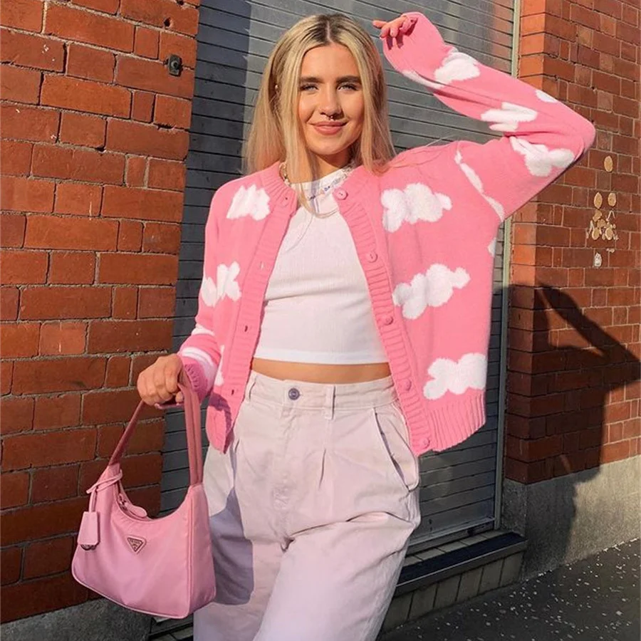 

Женский вязаный кардиган с длинным рукавом, однотонный Повседневный Кардиган с принтом в виде облаков, зимняя одежда Y2K