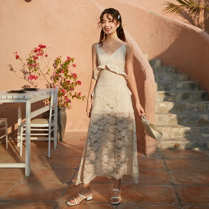 

Long Apricot Lace Women Straps Dress Summer Vintage Elegant Party Vacation Beach Dress Maxi Backless Tropical Sundress Runway