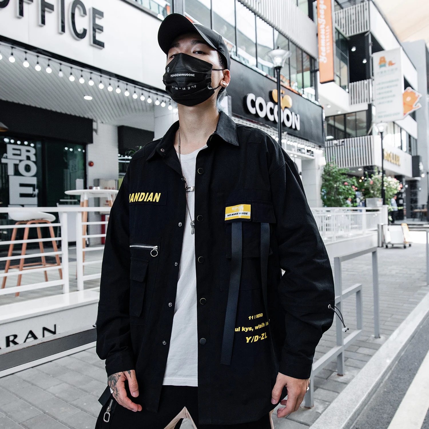 

Letter Printed Ribbons Men Cargo Shirt Fashion Harajuku Hip Hop Tops Casual Cotton Oversize Long Sleeve Streetwear