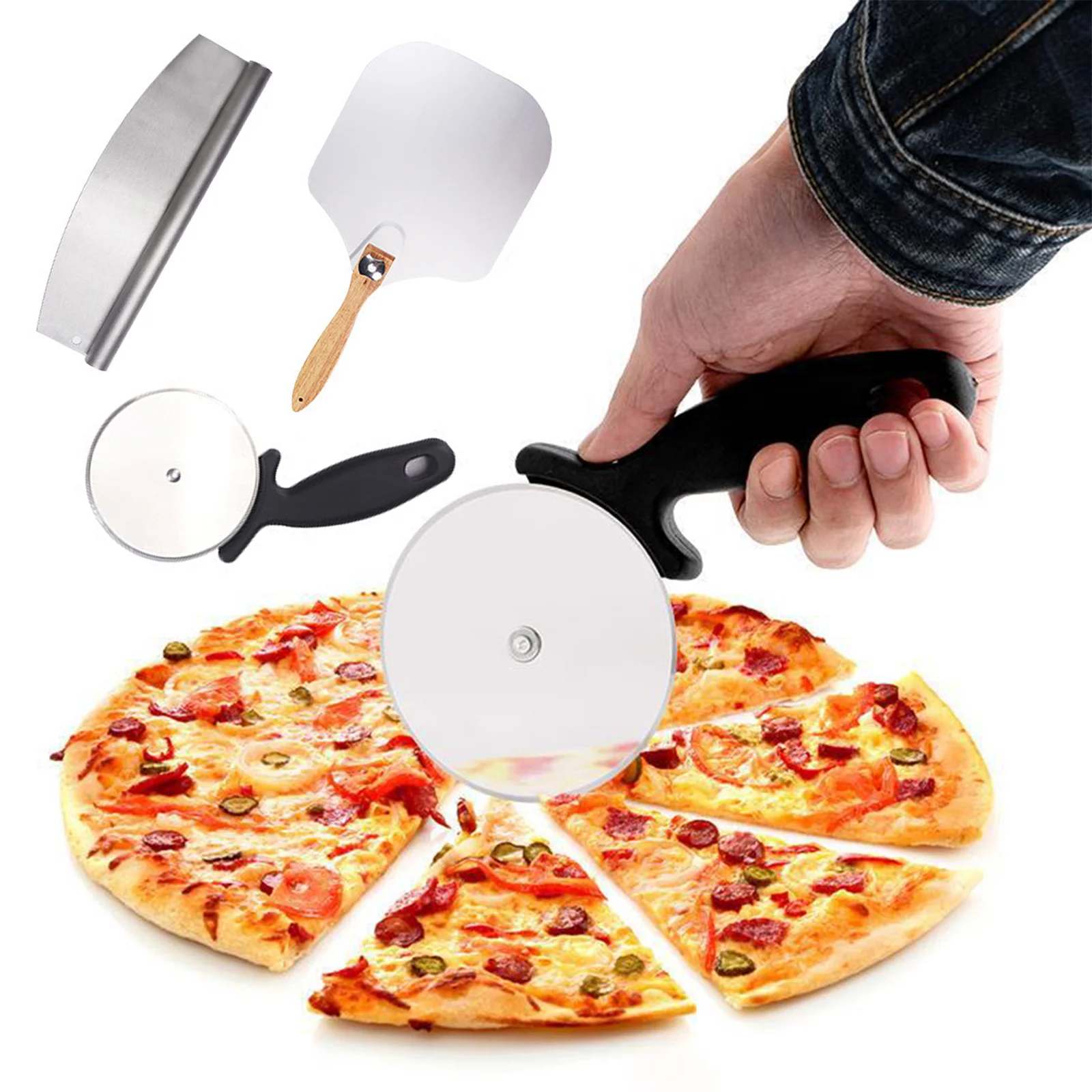 

Нож и слайсер для пиццы, металлическая лопатка для пиццы со складной деревянной ручкой, с антипригарным покрытием, для печеной пиццы, тортов...