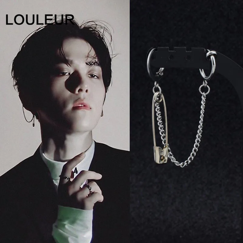

KPOP DNA Korean popular stainless stee Tassel Asymmetric Pin Chain V Earring Exaggerate Safety Pin Earrings For Women Men Punk