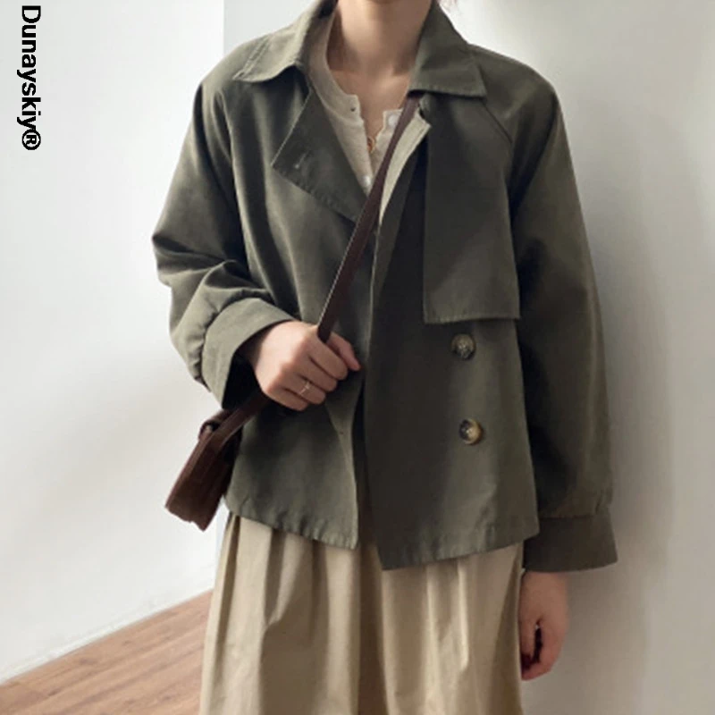 

Solid Long Sleeve Trench Crop Jacket Women Double Breasted Asymmetrical Hem Chic Veste Femme Autumn Spring 2021 Mujer