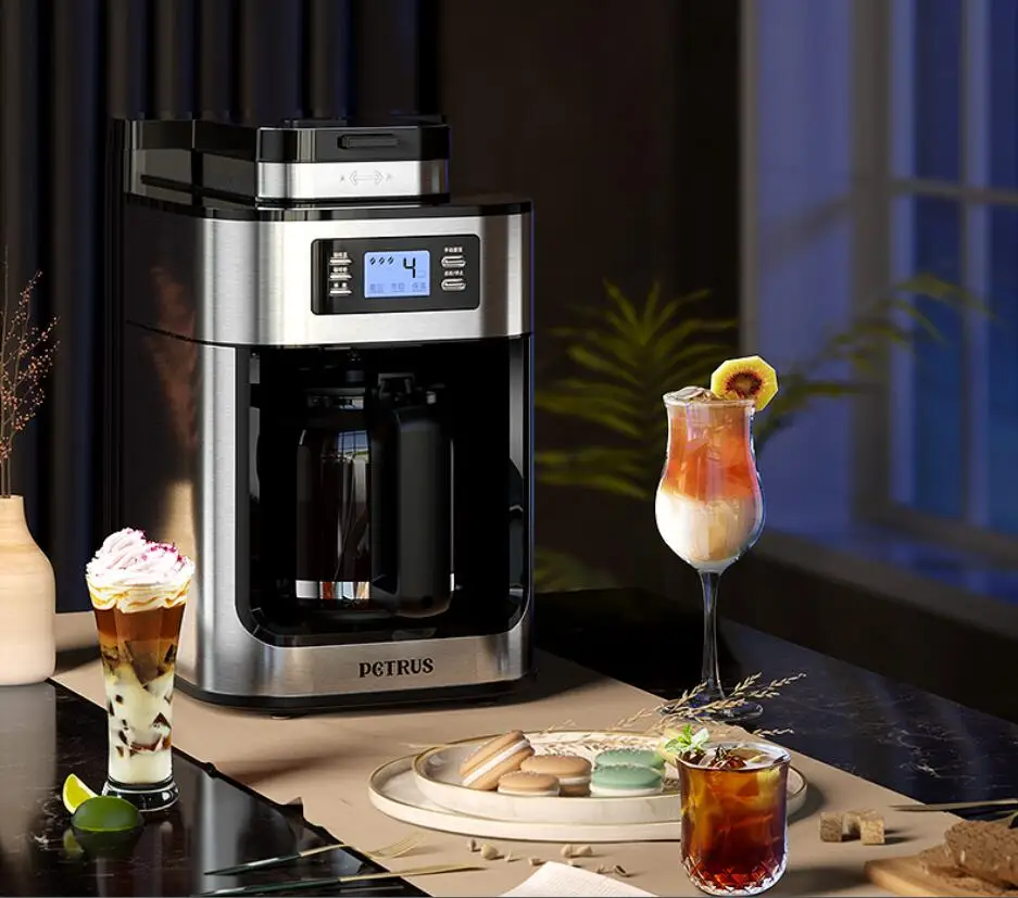 Petrus-molinillo automático de granos de café PE3200, cafetera de goteo doméstica, cafetera americana de acero inoxidable, olla de vidrio de 1.2L