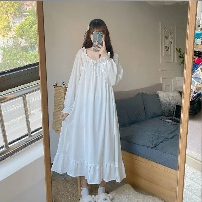 

White Nightgown Sleepwear Lady Spring Autumn Long Sleeve Nightdress Loose Women Princess Nightgowns 5XL X150