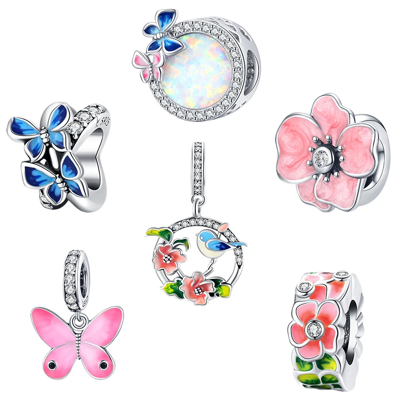 

bamoer Colorful Birds Flowers Leaves CZ Pendant Spring Charm fit Original Bracelet Jewelry Accessories DIY Making SCC1726