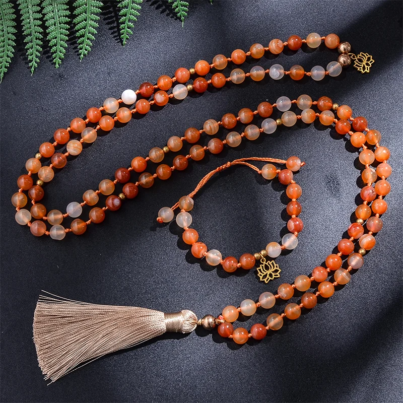 8mm Orange Agate Japamala Beaded Necklace Meditation Yoga Blessing Spirit Jewelry Set 108 Mala Women Rosary Lotus Pendant | Украшения и