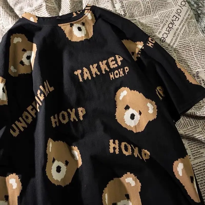 

Kawaii Bear Full Printed Tie-Dye Harajuku Casual Short-Sleeved T-Shirt Female Printed Letters Loose Oversized Half-Sleeved Tee