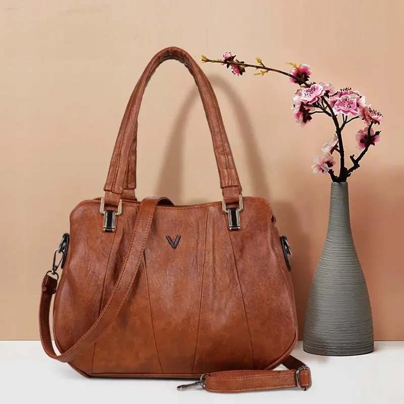

2021 Retro Women Leather Handbags Three-layer Pocket Female Messenger Bags Women Luxury Shoulder Bag Fashion Casual Ladies Tote