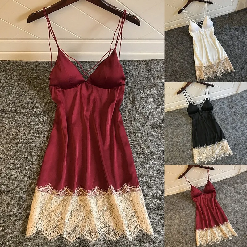 

New Fashion Summer Ladies Sexy Lace Stitching Nightdress Women Imitation Silk V-neck SleepDress Nightwear