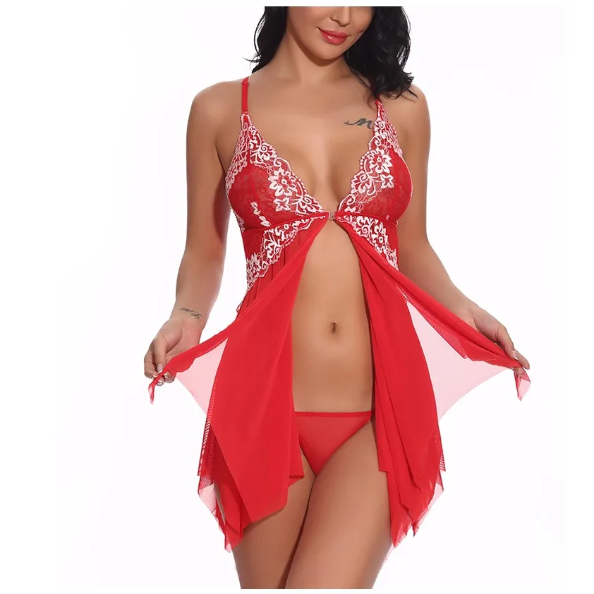 

Dessous fr Frauen Verschluss Vorne Babydoll Spitze Chemise V-ausschnitt Mesh Nachtwsche rmellose Sommer Woll Patchwork Sommer