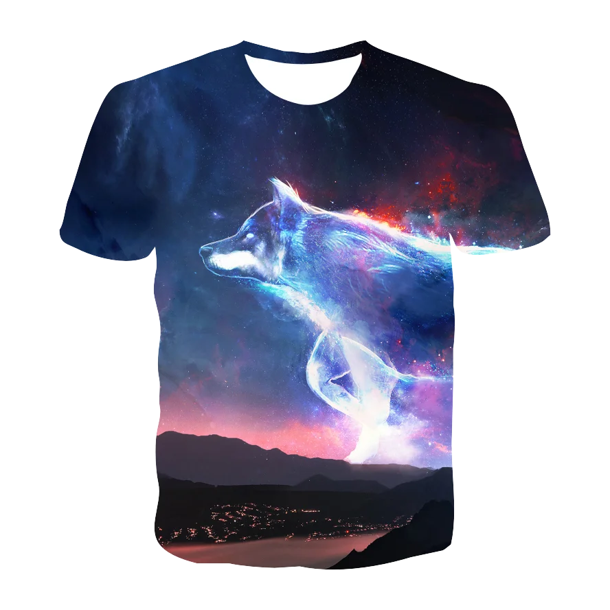 

2021 Latest Boys Short Sleeve, Moon Wolf theme, 3D Printing Fashion T-shirt, Super Clothes, Loose Round Neck Version