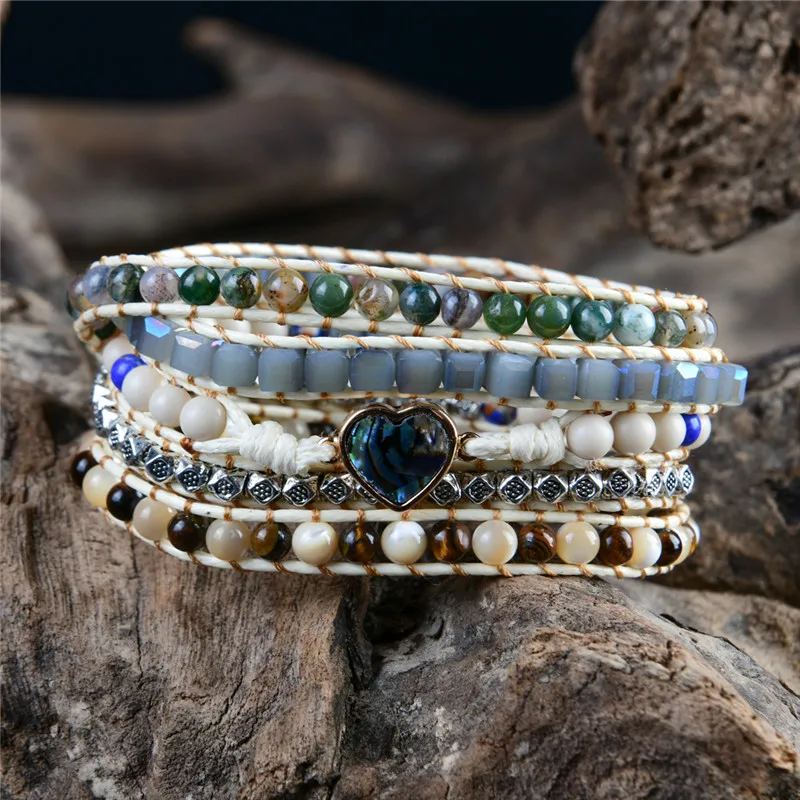 Wrap Bracelet for Women Mixed Natural Stones Heart Shape Charm 5 Strands Bracelets Handmade Boho Jewelery | Украшения и