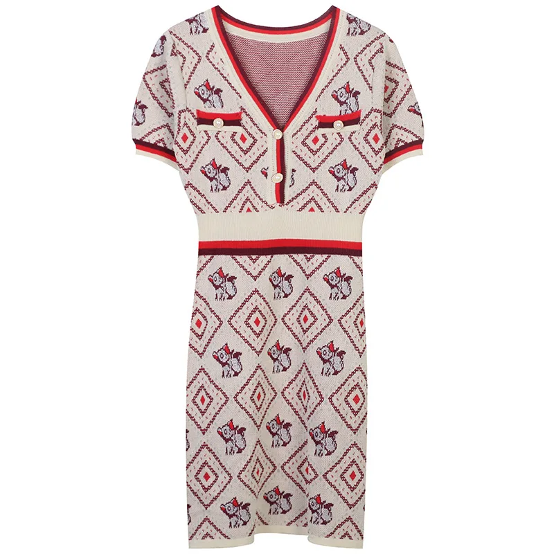 

Новое поступление, модные летние платья с V-образным вырезом и коротким рукавом, Облегающее вязаное платье с животным рисунком, офисная одеж...