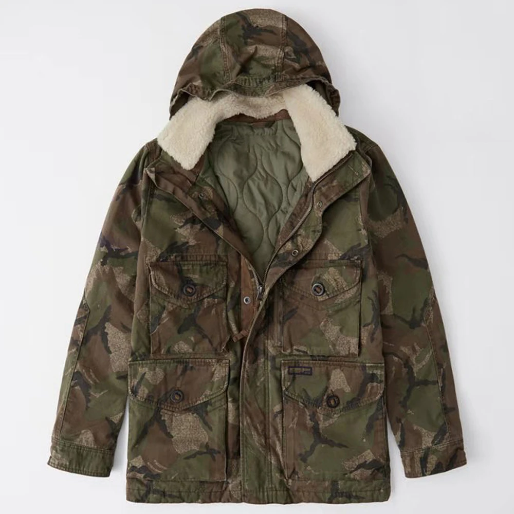 Trench Coat Cotton Padded Hooded Down Coats Men Winter Woolen Collar Camouflage Jacket Windbreaker Military Coat Man Clothing