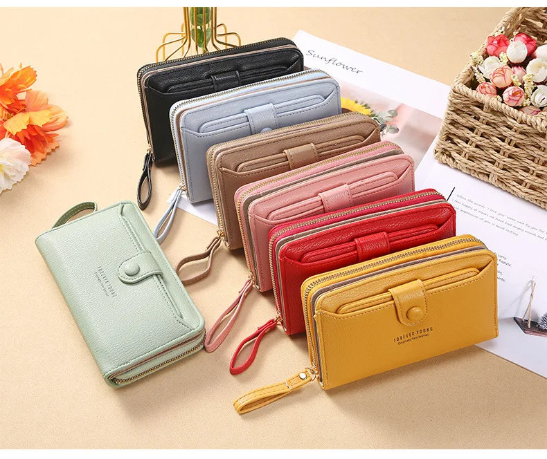aliwood New Solid Color Leather Women's Wallet Ladies Wristband Clutch Bag Fashion Korean Version Long Zipper Purse Card Holder