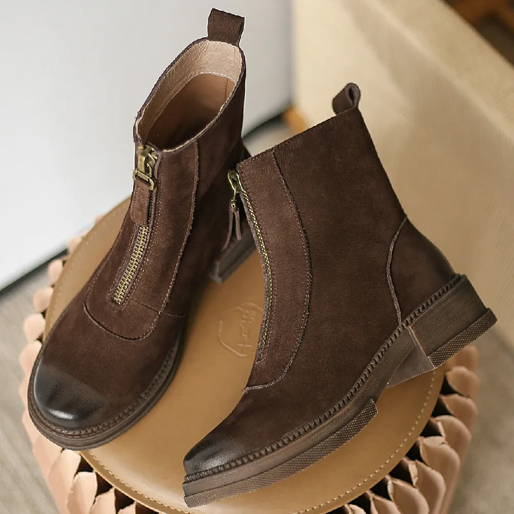 

Женская обувь из натуральной замшевой кожи кожа спереди на молнии с плоской подошвой до лодыжек; Сезон осень; Женские ботинки; Женская обувь...