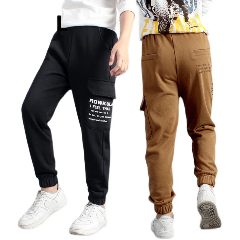 

Брюки-карго для мальчиков 6-12 лет, модные Хлопковые Штаны с принтом букв и карманами, повседневная осенняя одежда, детские брюки, спортивные