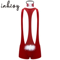 men red soft velvet christmas underwear santa cosplay fancy costume singlet sexy mankini boxer with bowtie male xmas underpants