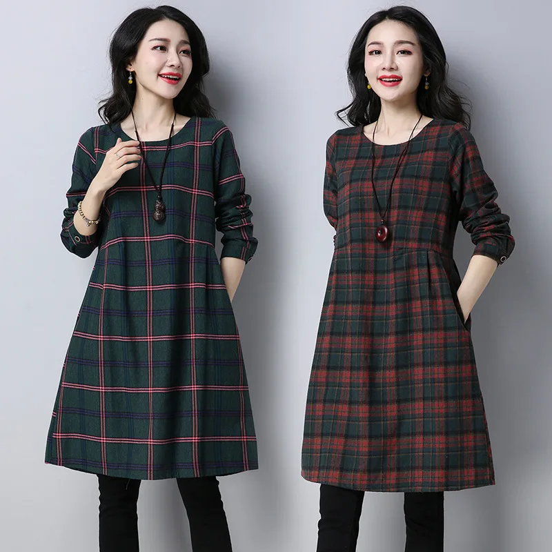 

Plaid Vintage Cotton Linen Dresses Spring O-Neck Long Sleeve Large Size Dress Women Casual Elegant Office Lady A-line Dresses