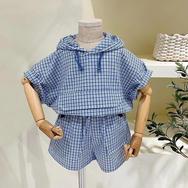 

2021 Summer Boys Plaid Clothes Hooded T Shirt and Shorts 2 Pcs Suit
