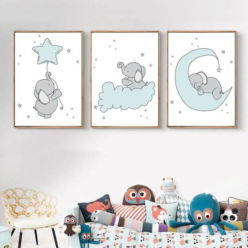Холст картины Nordic простой со слоненком для Wall Art комплект одежды маленьких
