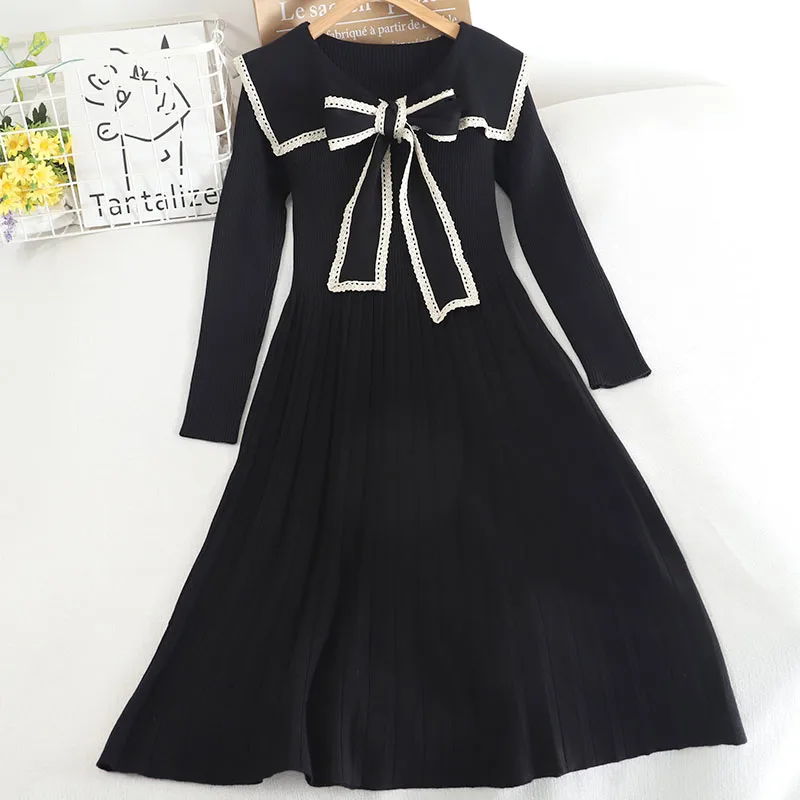 

6096 bow tie knitted dress 2020 autumn and winter new mid long heavy industry waist slim long
