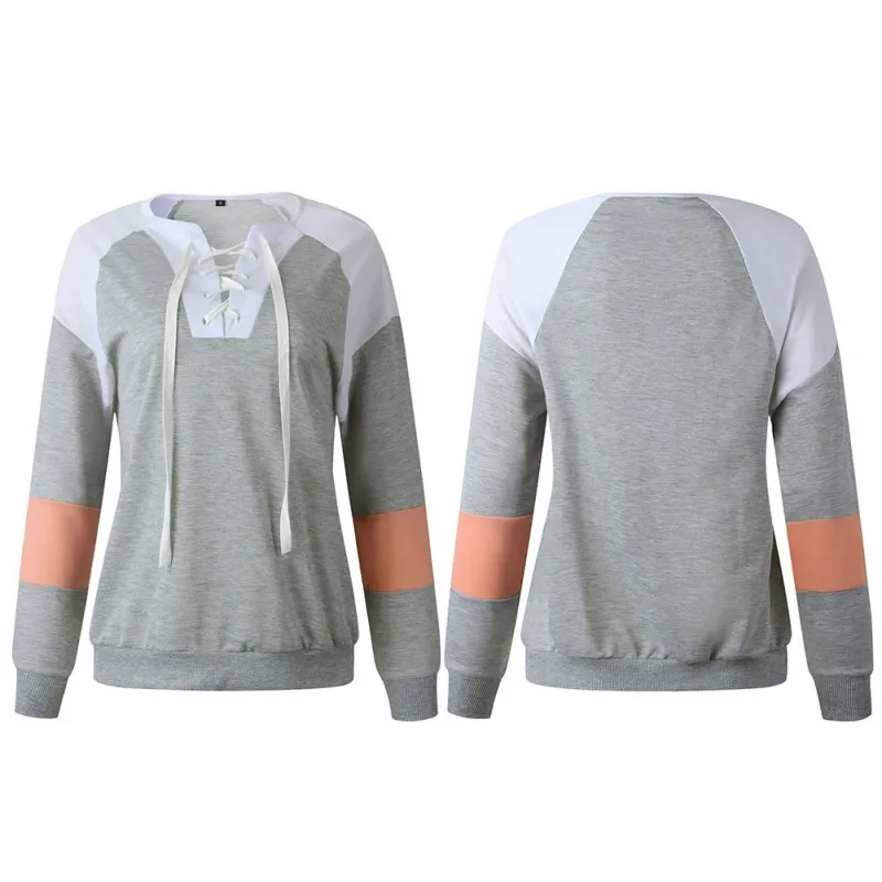 

Autumn Winter Women Simple Style Loose Sweatshirt Ladies Long Sleeve Cute Color Matching Loose V Collar Sweatshirt 2019