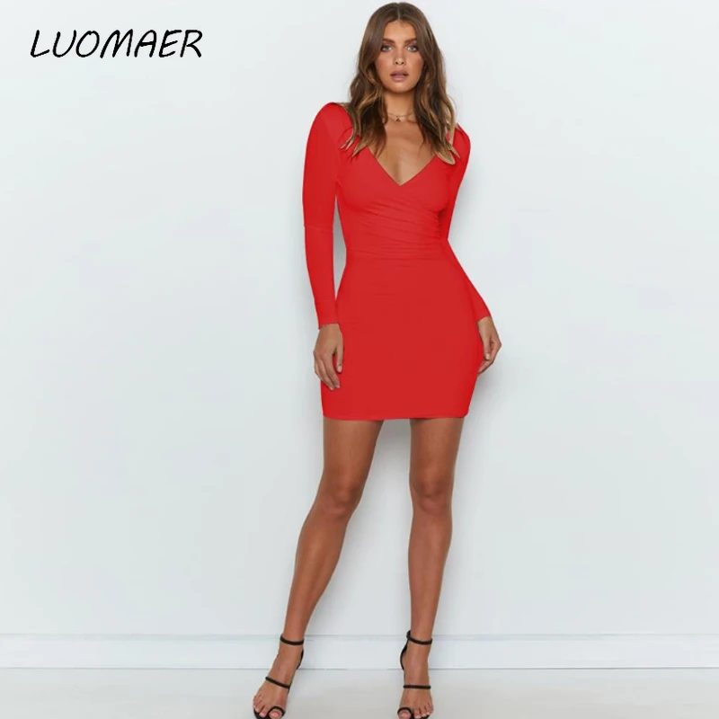 Женское Клубное платье Luomaer однотонное облегающее с глубоким вырезом и длинным