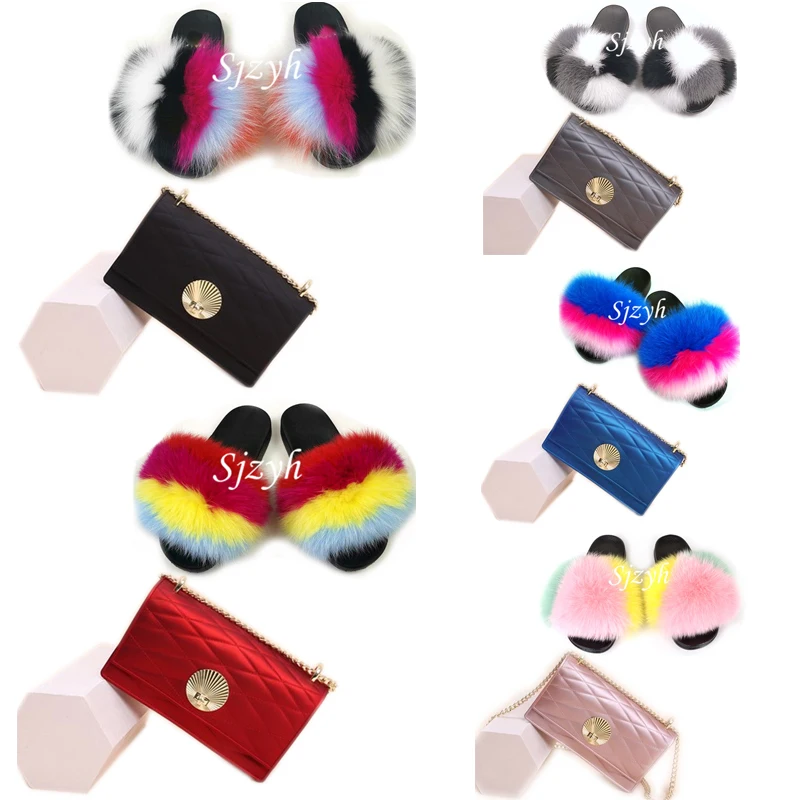 

Women's Fox Fur Slides Jelly Chain Shoulder Bag Shoes Sets Crossbody Purse Ladies Fluffy Slippers Female Handbag Plush Sandals