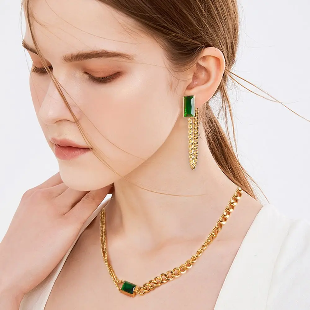 

Классическая Геометрическая прямоугольная цепь из нержавеющей стали с зелеными кристаллами, серьги-кисточки, ожерелье, браслет для девоче...
