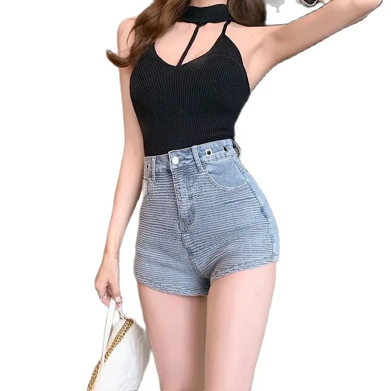 

High Waist Denim Shorts Women's 2021 Summer New Wrinkled Fabric Show Thin Sexy Fashion A-line Pole Dance Shorts