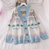 retro printed cardigan lazy sweater women loose outer wear new v neck temperament versatile long sleeved knitted trendy jacket