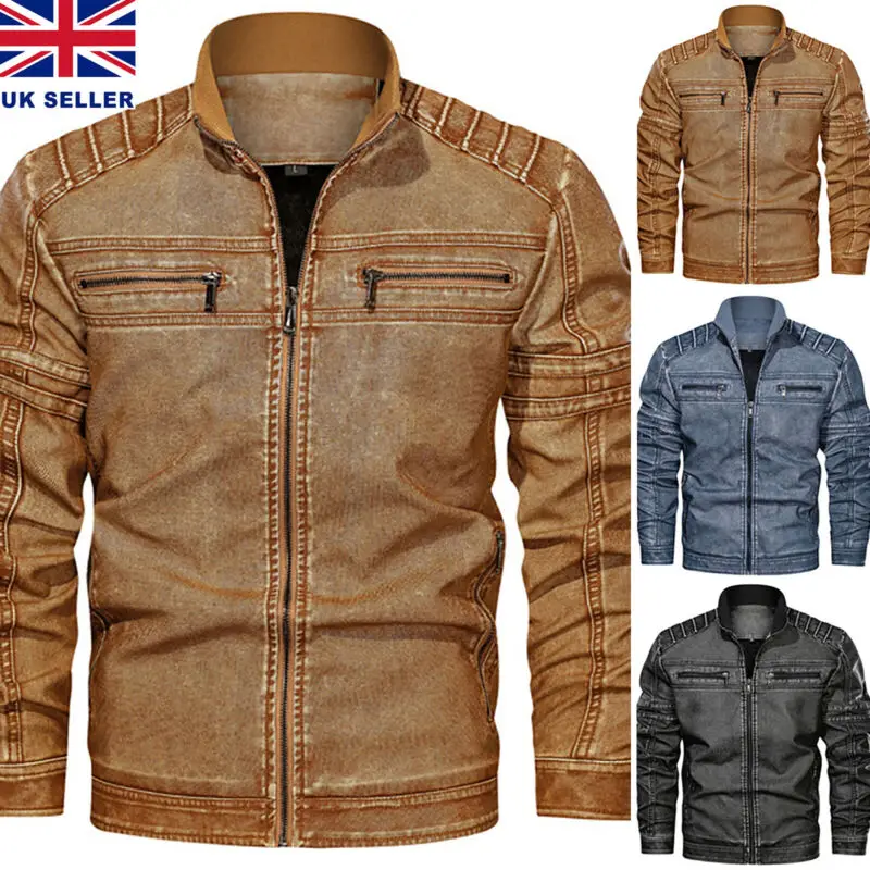 

Men's PU Leather Motorcycle Biker Jacket Casual Zip Slim Coat Warm Outwear