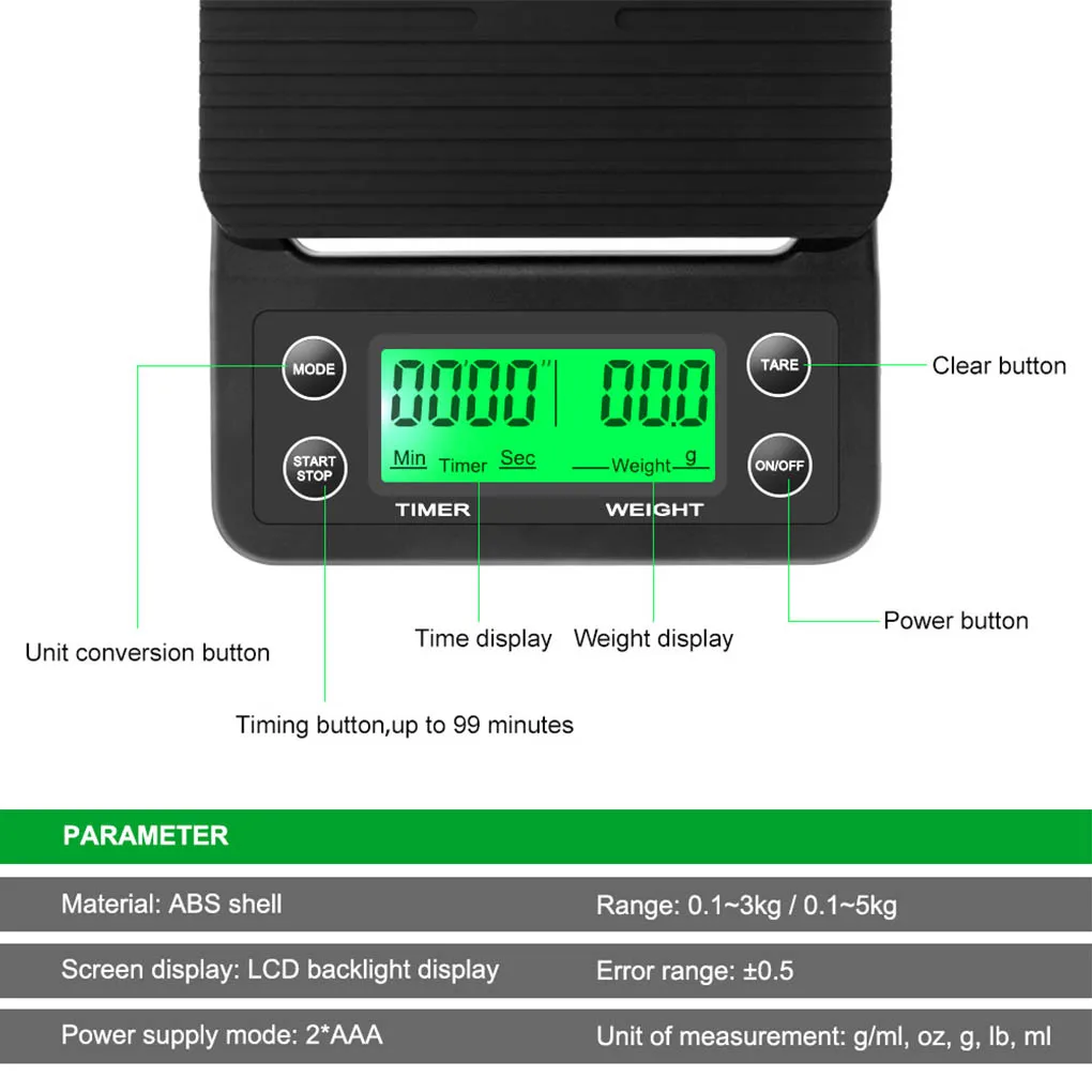 

3kg/0.1g Drip Coffee Scale With Timer Portable Electronic Digital Kitchen Scale High Precision LCD Electronic Scales