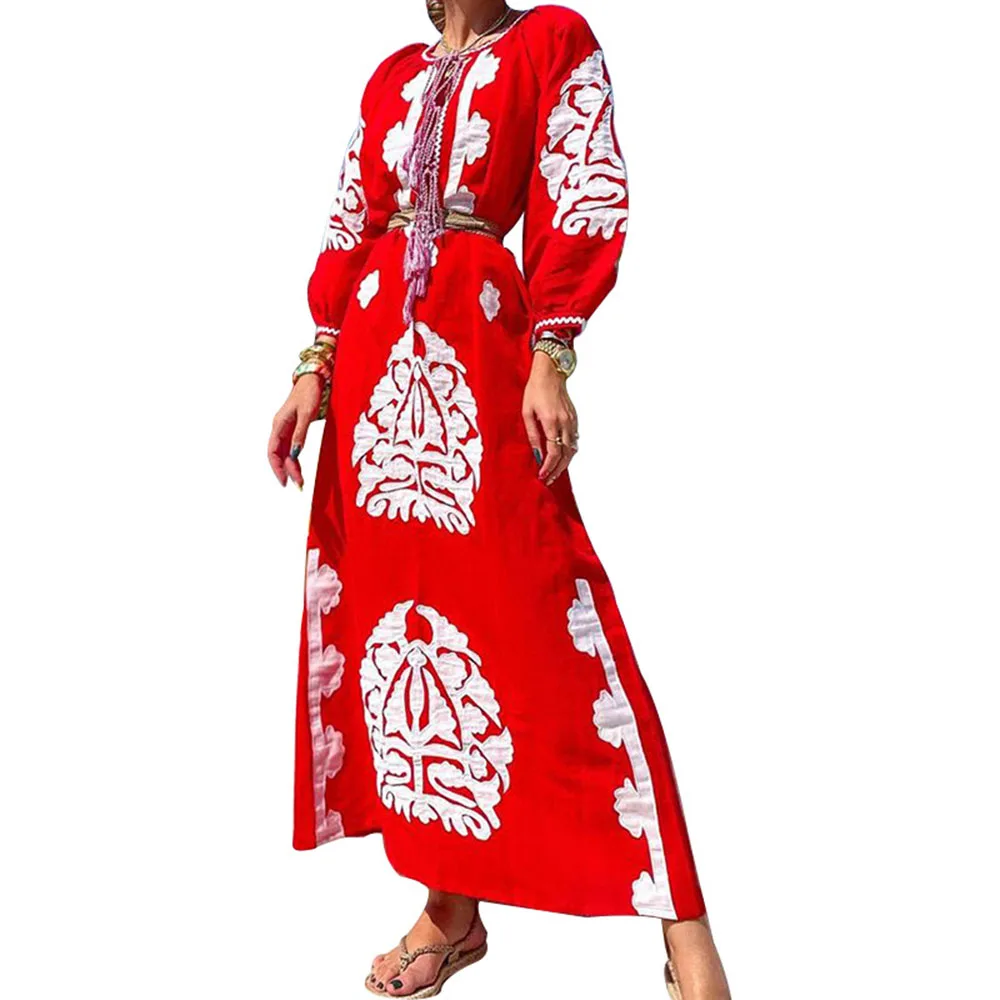 

Western Style Bohemian 2021 Summer Women's Dress Fashion Loose Casual Vacation Printing Round Neck Long Sleeve