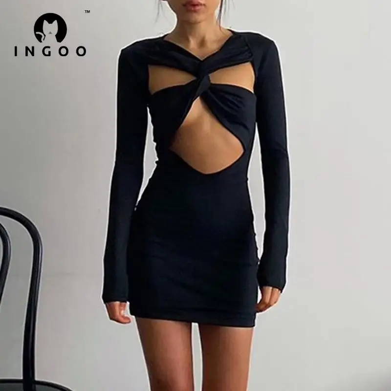 

INGOO Sexy Cross Hollow Bodycon Dress Women Black Fashion Long Sleeve Cutout Breast Wrapped Mini Dresses Elegant Party Clubwear