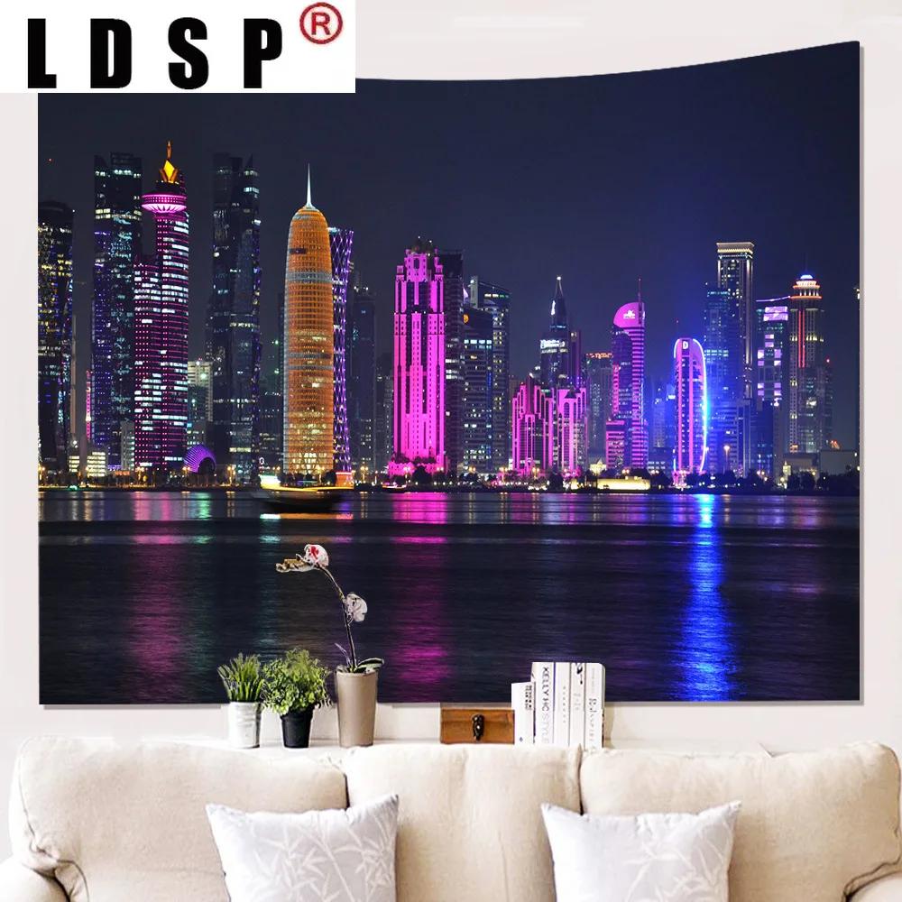 

LDSP Modern City Skyscrapers Lights Tapestry Hanging Covering Rugs Background Cloth Beach Mat Blanket Bedroom Living Home Decor
