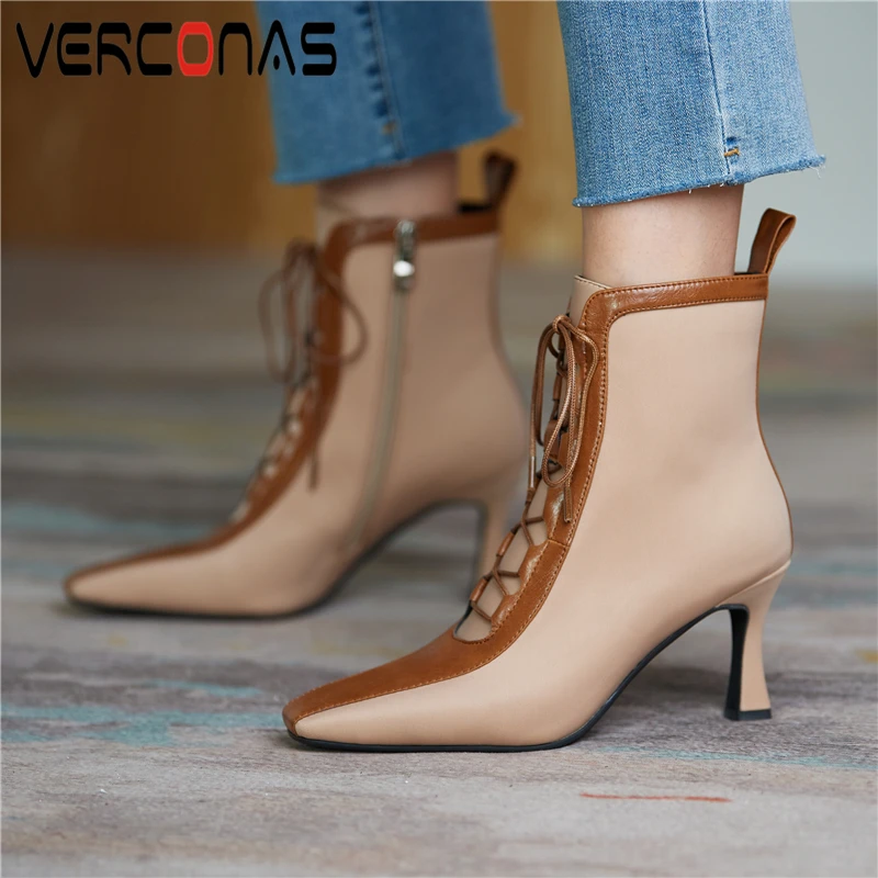 

VERCONAS Female Elegant Ankle Boots For Women Autumn Winter High Heels Shoes Woman New Cross-Tied Office Lady Handmade Boots