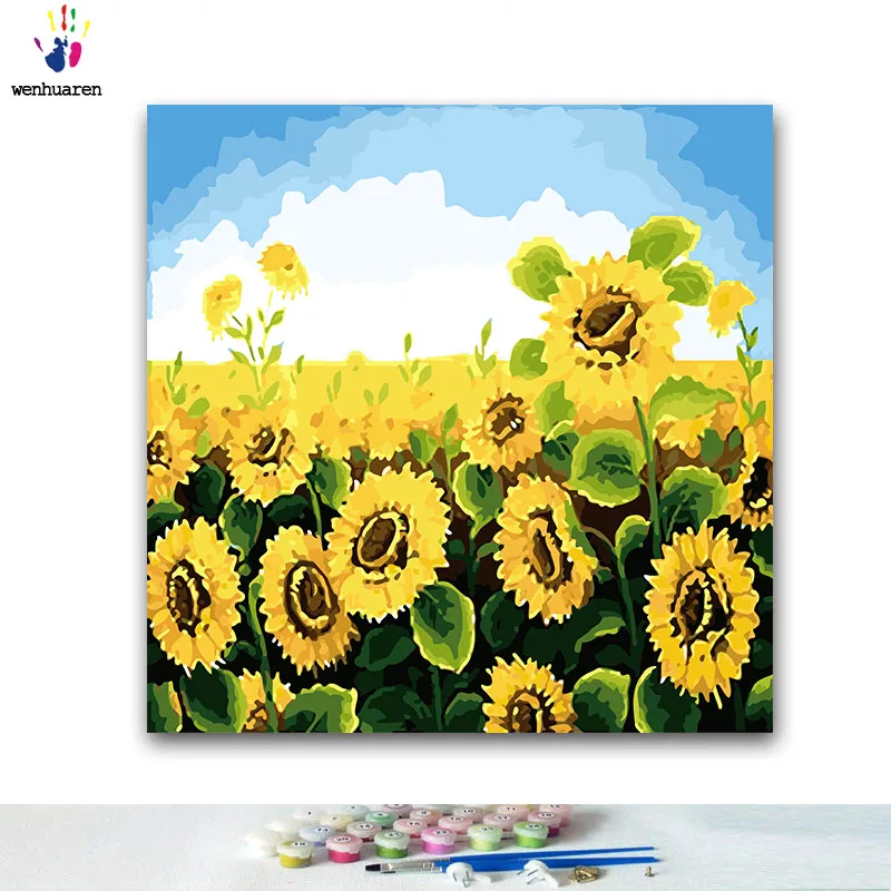 DIY картинки для раскраски по номерам с цветами Белое Облако Подсолнух картина