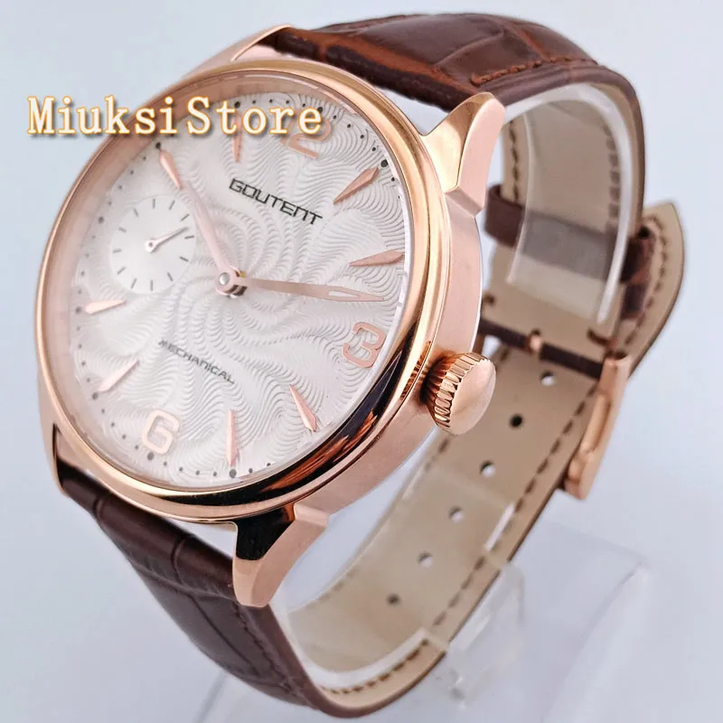 

Мужские модные роскошные часы 42 мм с белым циферблатом, розовое золото, искусственный коричневый кожаный ремешок, 17 драгоценностей, 6497, движение с ручным заводом